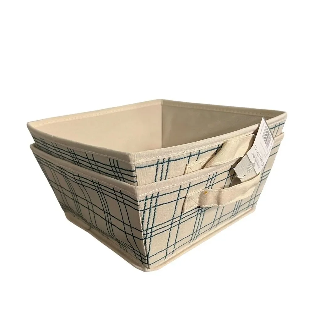 Aldi Huntington Home Canvas Totes 2PK Beige Storage Baskets Plaid Handles Small